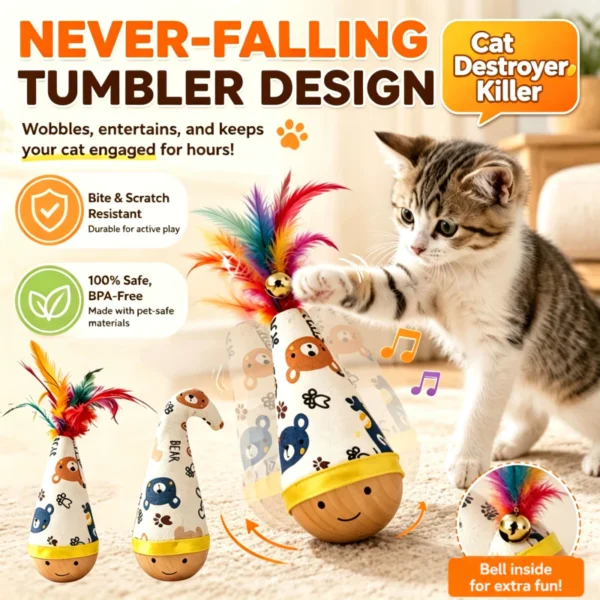 Wooden Cat Tumbler Toy with Feathers