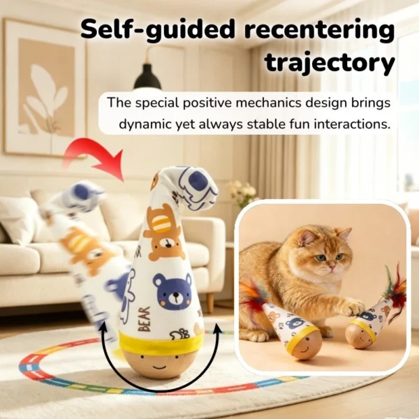 Wooden Cat Tumbler Toy with Feathers
